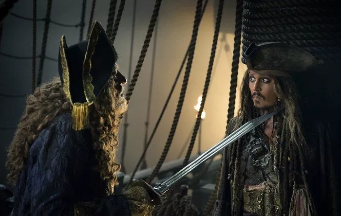 Geoffrey Rush (Hector Barbossa), Johnny Depp (Captain Jack Sparrow)